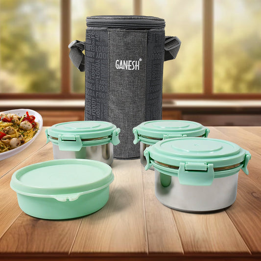 Ganesh 4In1 Tiffin Box-Lunch Box | 3 Stainless Steel Containers 300 Ml Approx & Plastic Salad Container 200 Ml Approx| Plastic lid Box | Round Zip Bag | Leak Proof | Microwave Safe for Office, College and School for Men, Women