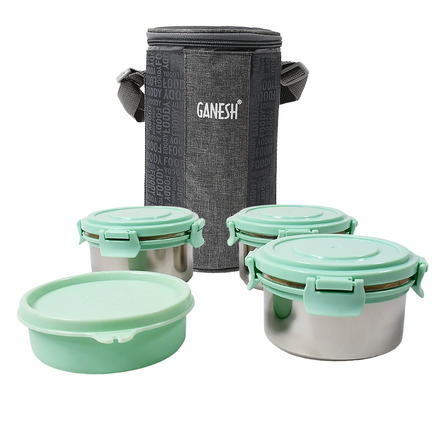 Ganesh 4In1 Tiffin Box-Lunch Box | 3 Stainless Steel Containers 300 Ml Approx & Plastic Salad Container 200 Ml Approx| Plastic lid Box | Round Zip Bag | Leak Proof | Microwave Safe for Office, College and School for Men, Women