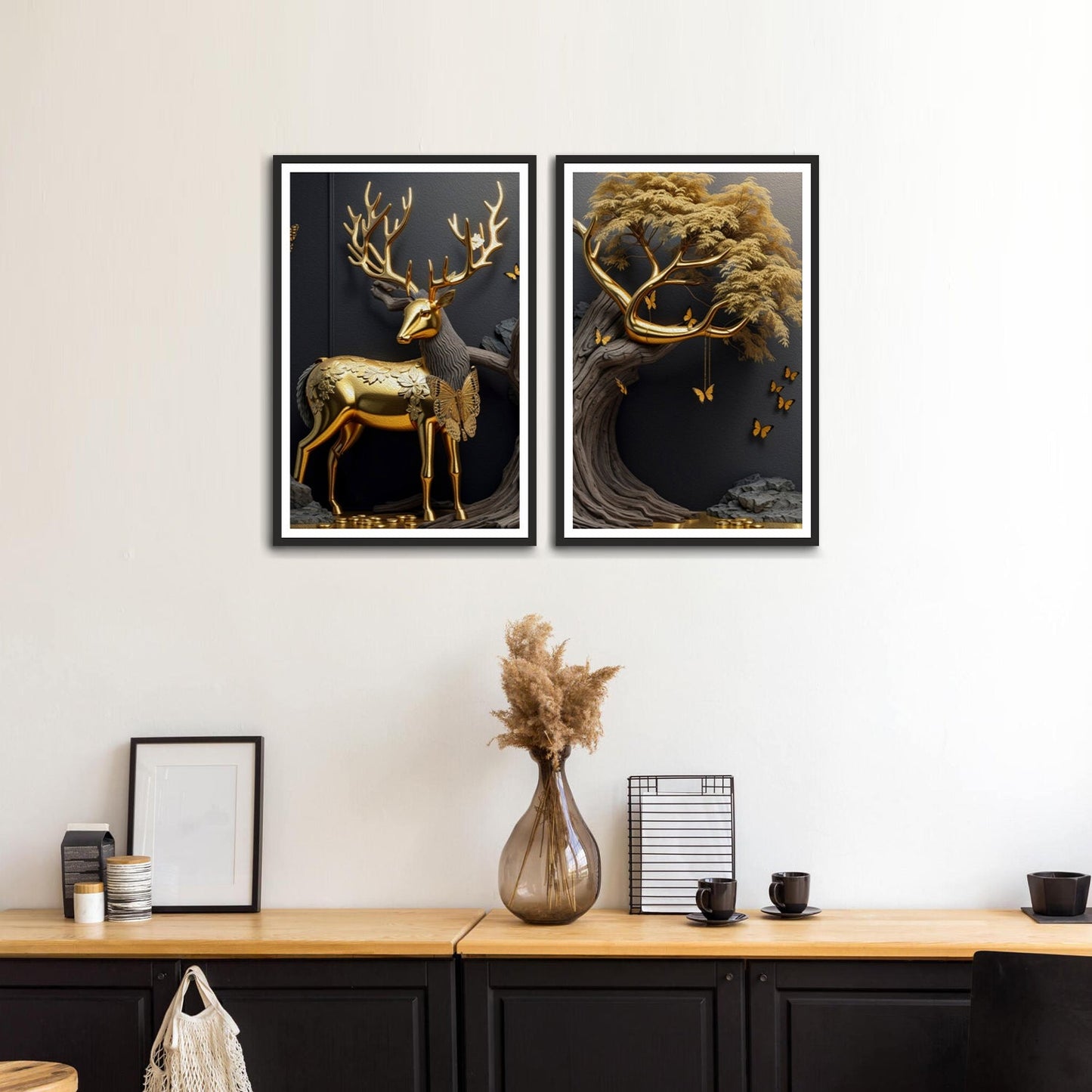 Premium Golden Color Deer and Tree Abstract Set of 2 Wall Frames