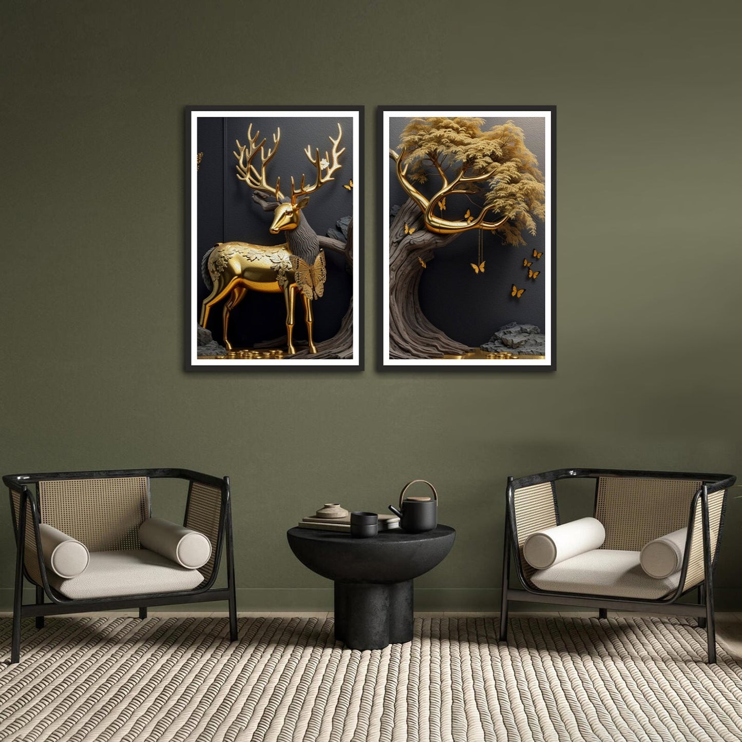Premium Golden Color Deer and Tree Abstract Set of 2 Wall Frames