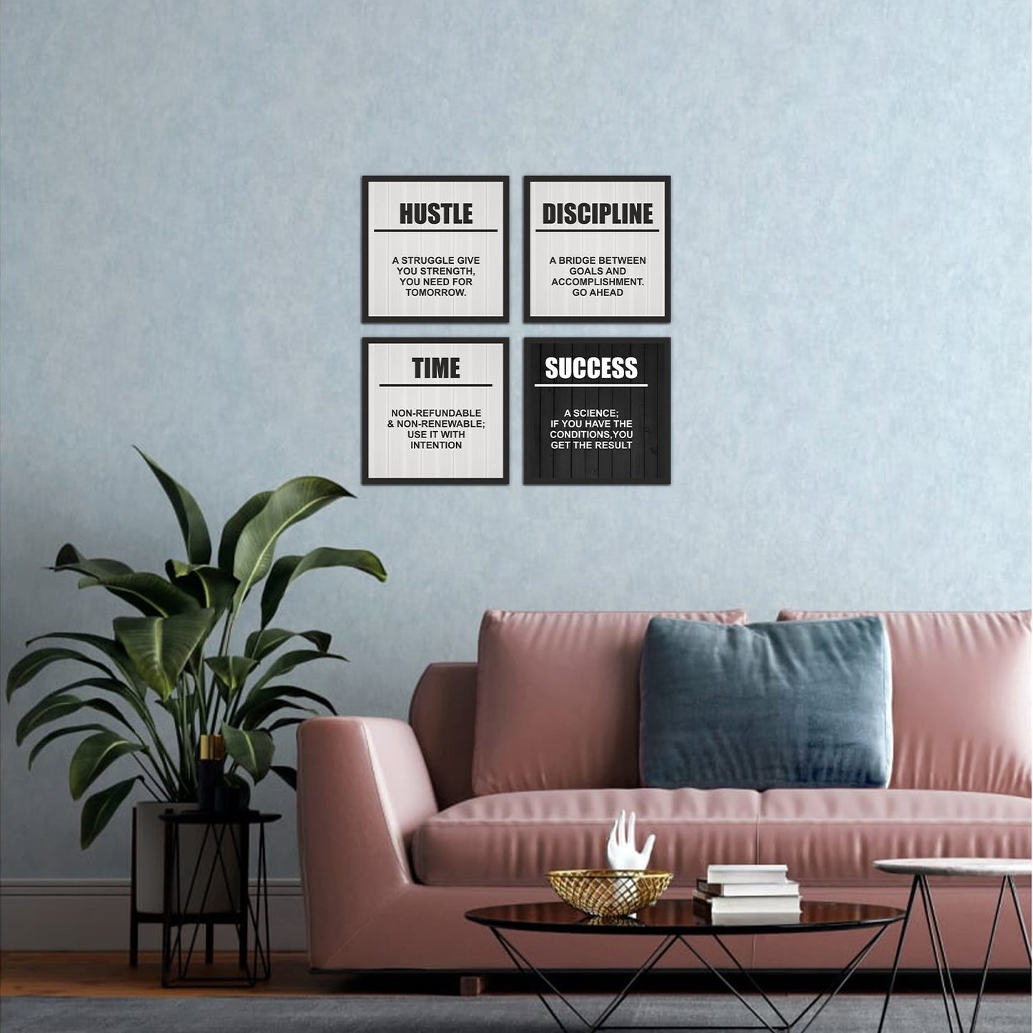 Discipline, Success and Time Motivation Wooden Set of 4 Wall Frames