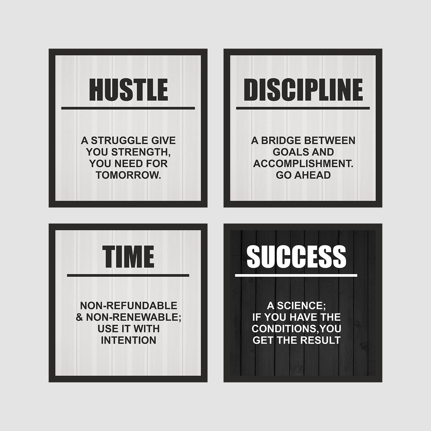 Discipline, Success and Time Motivation Wooden Set of 4 Wall Frames