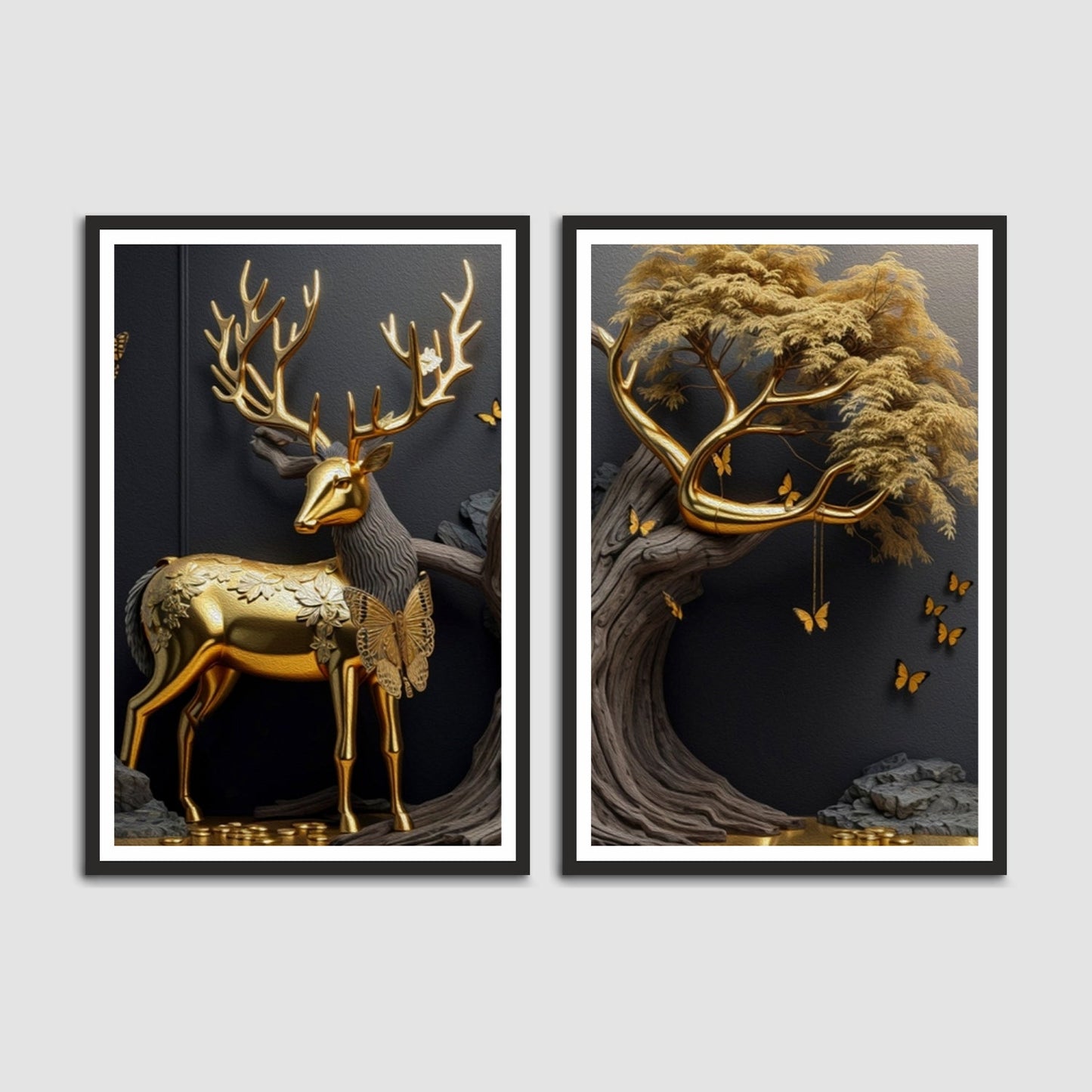Premium Golden Color Deer and Tree Abstract Set of 2 Wall Frames
