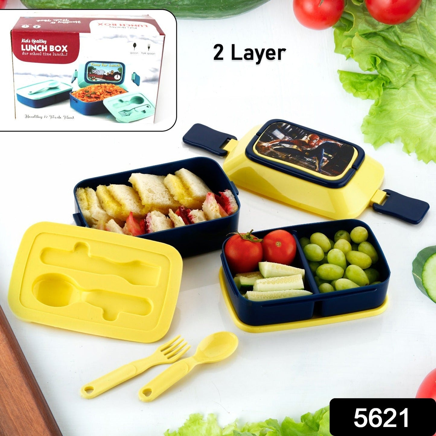 5621 Double Layer Lunch Box Stylish Lid Lunch Box With Fork & Spoon Lunch Box For Children School Lunch Box
