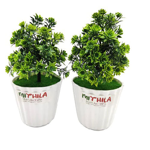 Artificial Plants set of 2 with Pot Bonsai Potted Plastic Faux Green Grass Fake Topiaries Shrubs for Home, Garden and Office Decor