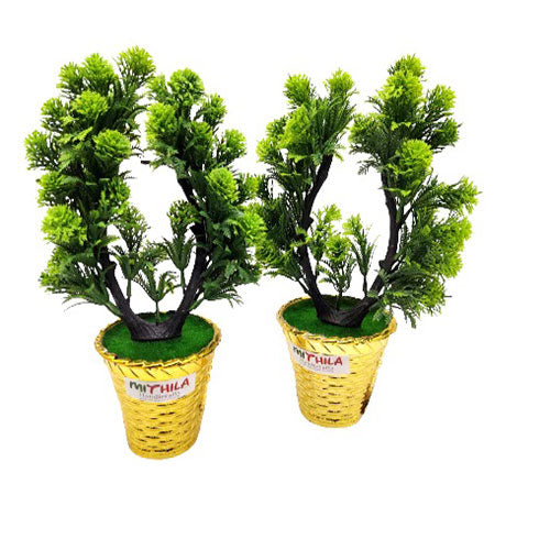 Artificial Plants Potted Fake Mini Green Namaste plant in Golden Plastic Pot set of 2 for Outdoor and Indoor Home Desk Décor
