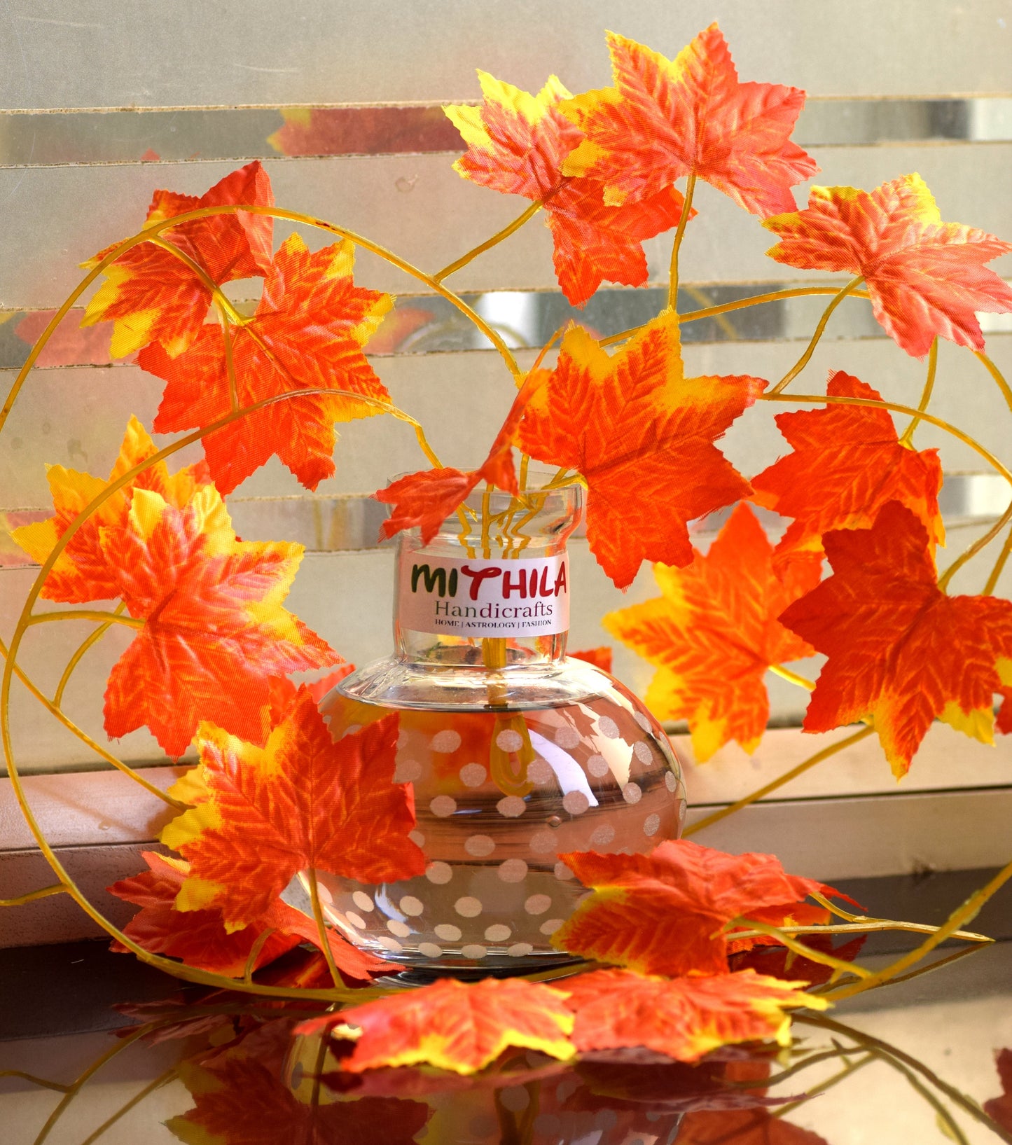 ROUND GLASS VASE WITH ARTIFICIAL MAPLE PLANT-SMALL-POLKA DOTS