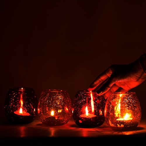 Votive Glass Mercury Tealight Candle Holders - Set of 2/4 tealights- Diwali Decoration Items for Home (Glass, Round)- red and yellow - Diwali Décor