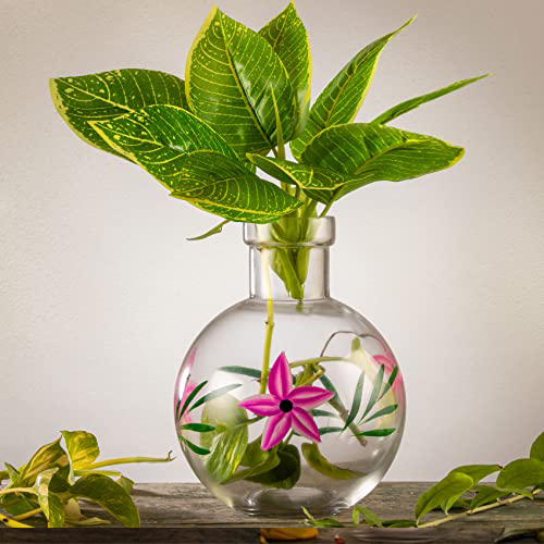 Round Flower Glass Vase 20X16 Cm Elegant Flower Designed Vase For Money Plant, Lucky Bamboo Plant