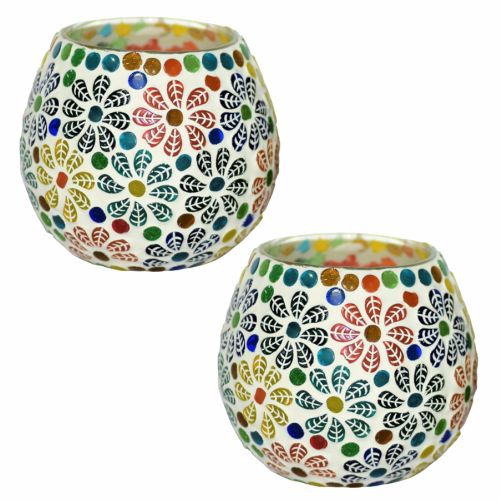 Mosaic Glass Votive Light — Set of 2 Mosaic Glass Votive Tealight Candle Holders Large- Diwali Decoration Items for Diwali Decoration Items for Home Living Room