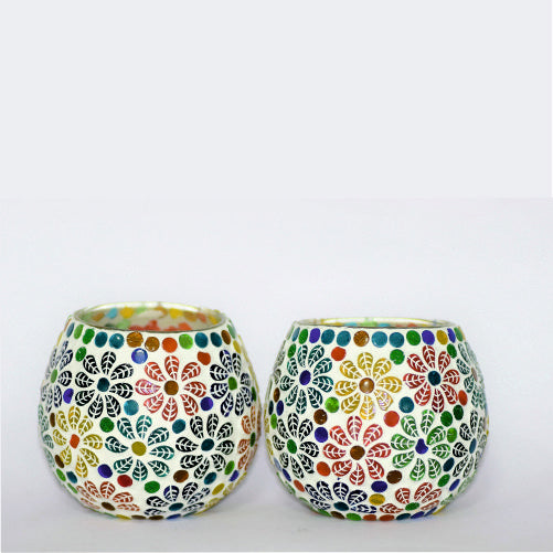 Mosaic Glass Votive Light — Set of 2 Mosaic Glass Votive Tealight Candle Holders Large- Diwali Decoration Items for Diwali Decoration Items for Home Living Room