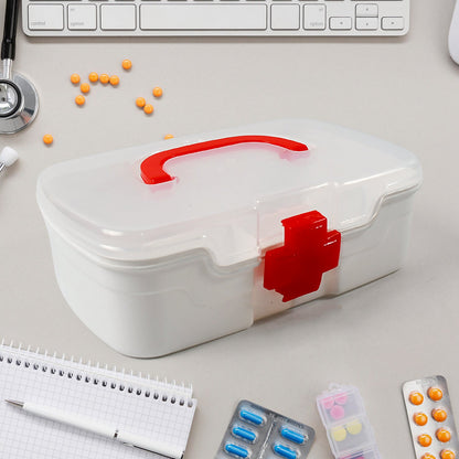 3-Compartment First Aid Box - Portable Medicine Storage with Detachable Tray & Transparent Lid
