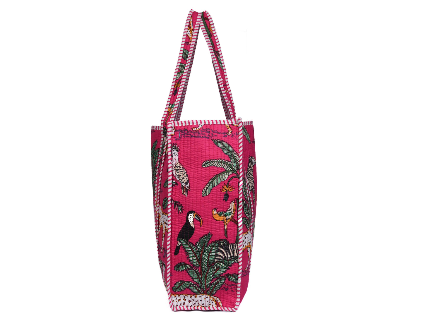 Quilted Safari Cotton Cloth Tote Bag - Bright Pink