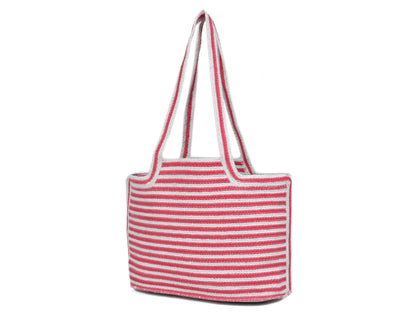 Red and White Striped Knit Jute Tote Bag