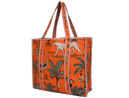 Quilted Safari Cotton Cloth Tote Bag - Bright Orange