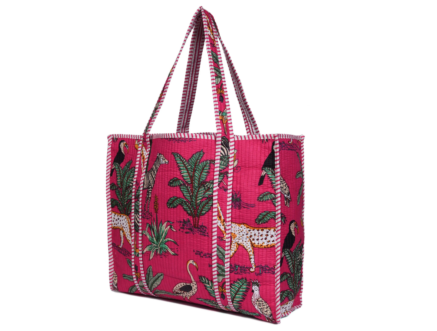 Quilted Safari Cotton Cloth Tote Bag - Bright Pink