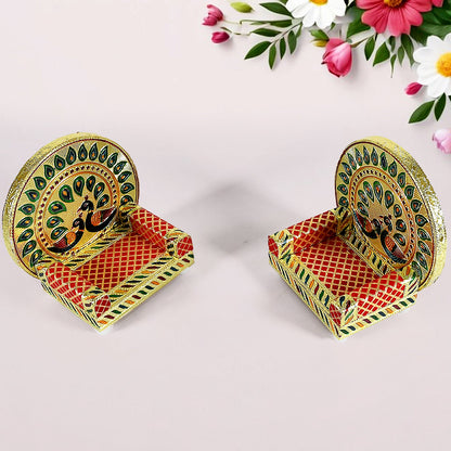 Meenakari Work Laddu Gopal Singhasan  / Sihasan for Pooja Mandir Wooden Krishna Ladoo Bal Gopal Sofa Asan, Home Decorative Premium Look Decorative Singhasan Suitable For Home, Office, Restaurant (2 Pc Set)