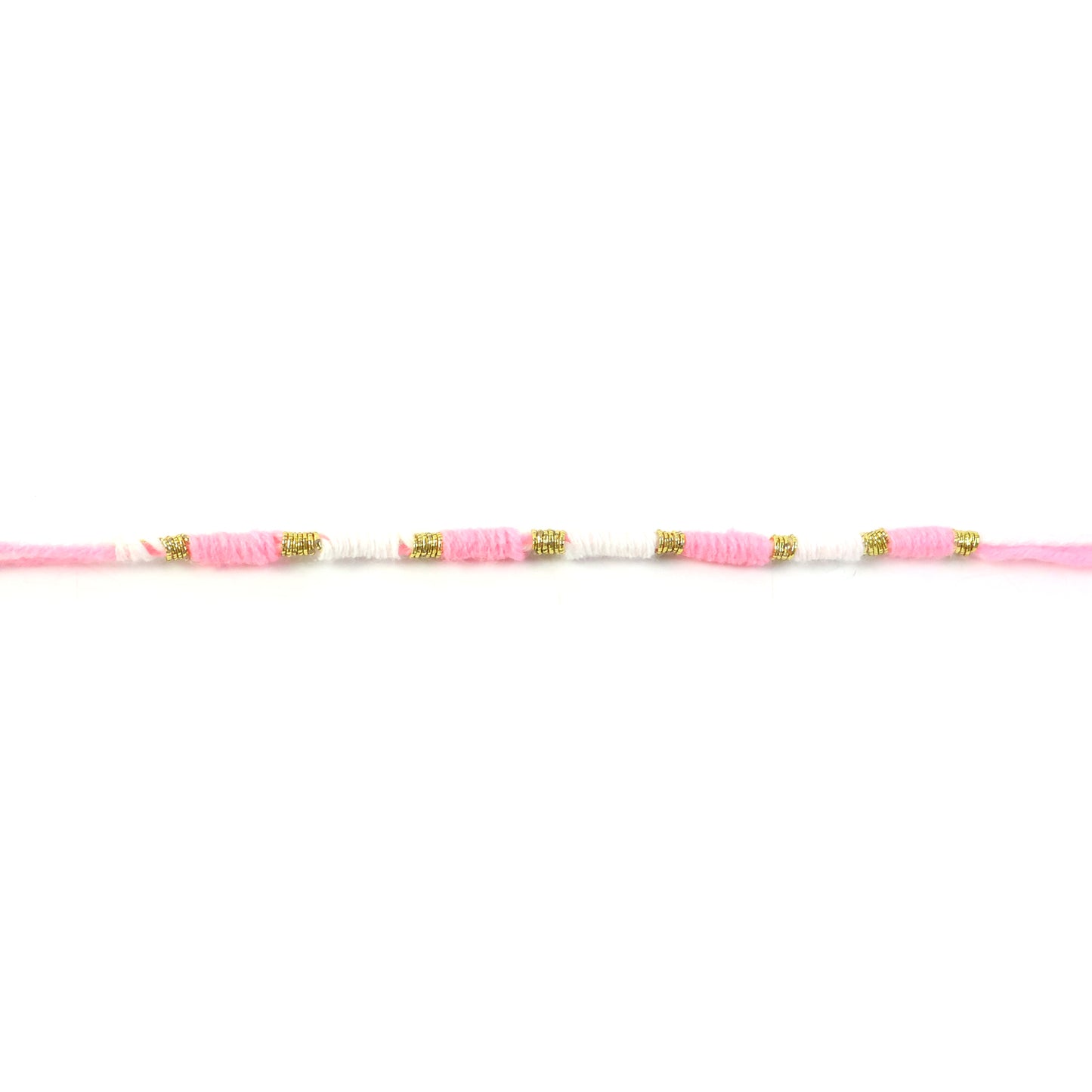 Cute Pink White Thread Rakhi For Brother With Golden Beads (1 Pc)