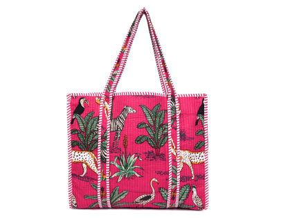 Quilted Safari Cotton Cloth Tote Bag - Bright Pink