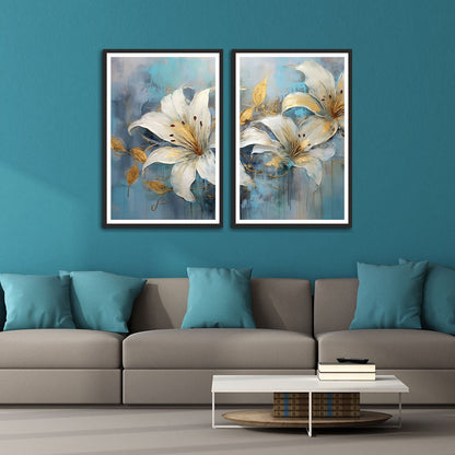 White and Golden Abstract Flower Set of 2 Wall Frames