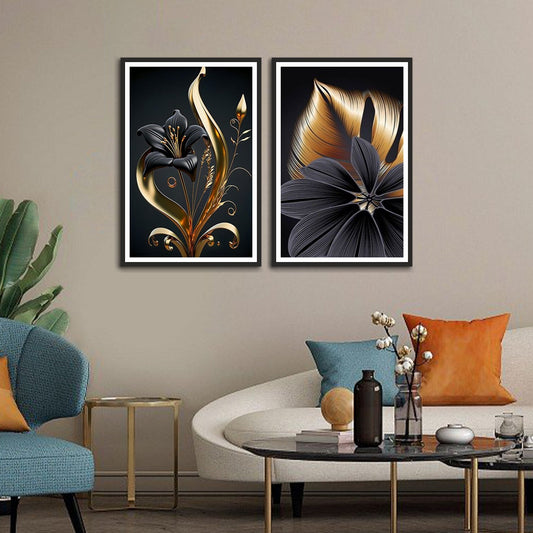 Black Flower with Golden Leaves Set of 2 Wall Frames