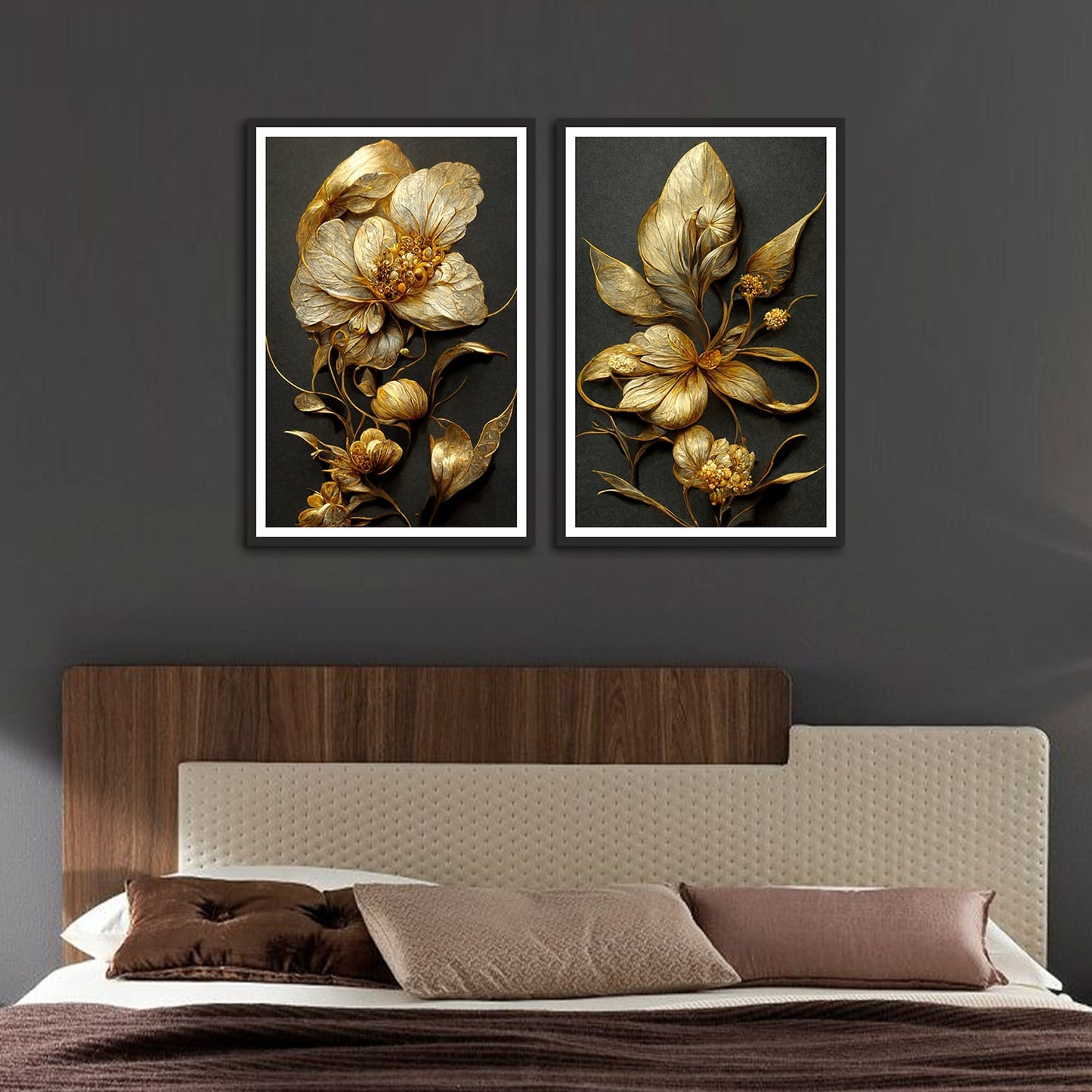 Super Premium Gloden Color Flower Set 2 Wall Frame