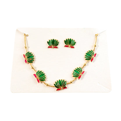 Traditional Green  Lotus Motif Jewellery Set