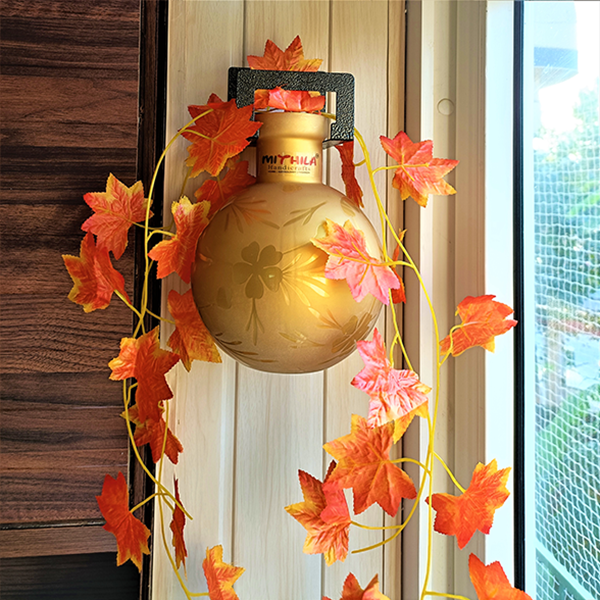 ROUND GLASS VASE (GOLD) WITH IRON HANGER ARTIFICIAL GOLDEN MAPEL PLANT