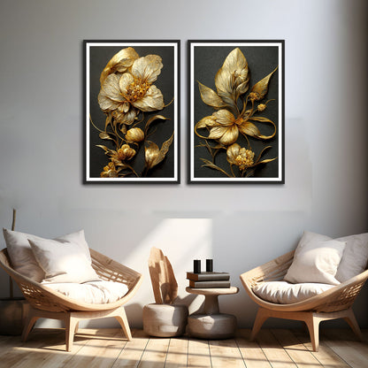 Super Premium Gloden Color Flower Set 2 Wall Frame