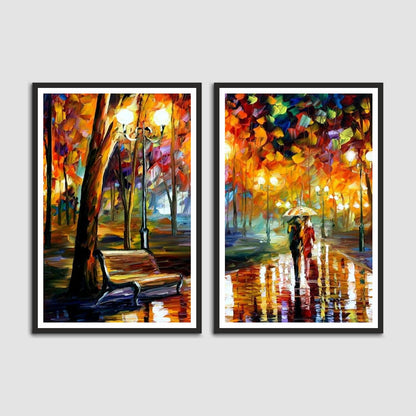 Two People Walking on Road Abstract Set of 2 Wall Frames