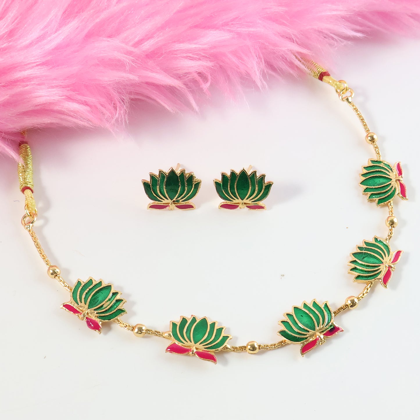 Traditional Green  Lotus Motif Jewellery Set