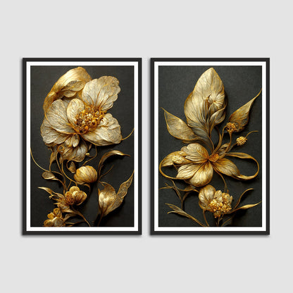 Super Premium Gloden Color Flower Set 2 Wall Frame