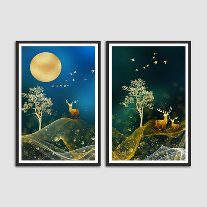 Deers in forest at Mid Night Abstract Set of 2 Wall Frames