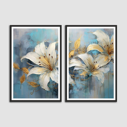 White and Golden Abstract Flower Set of 2 Wall Frames