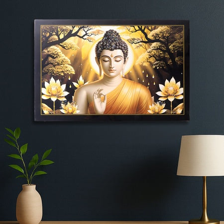 Decorative Lord Buddha Wall Painting With Wooden Frame Mix Design 45x30 Cm Approx (1 Pc)