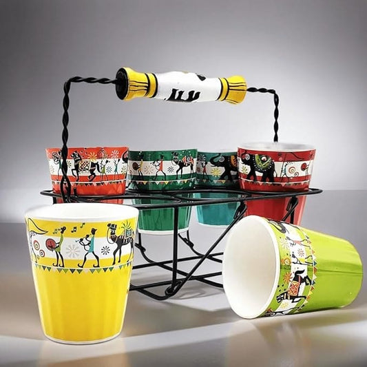 Ceramic Chai Glasses Set of 6 with Multicolor Printed Multicolor Designs, Kullad Ceramic Tea Glass Along with A Stand