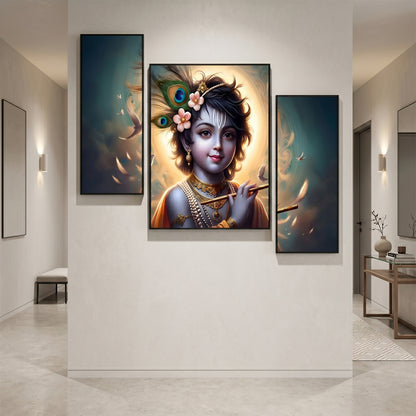 Krishna N Flute 3 Panel Mdf Wall Frame Wall Art Painting 16.5x12in (1 Pc)