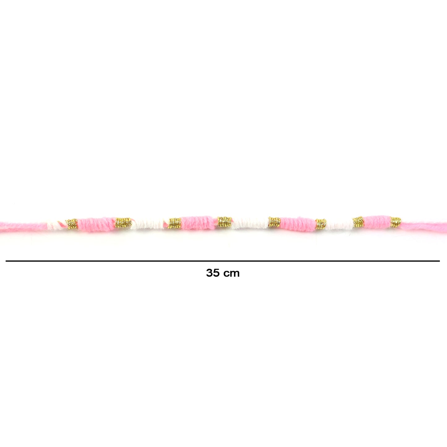 Cute Pink White Thread Rakhi For Brother With Golden Beads (1 Pc)