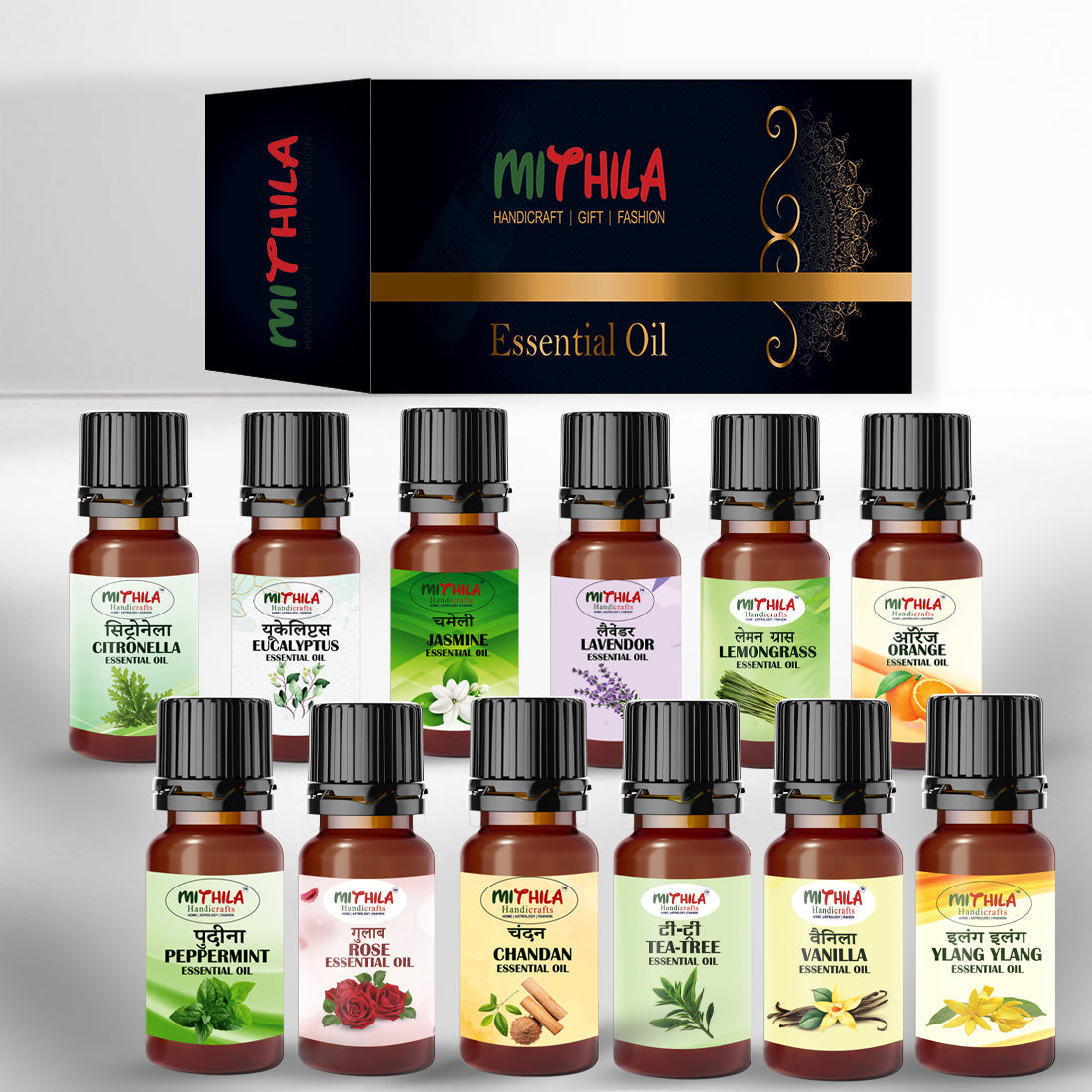 Essential Oil  Lavender, Lemongrass, Sandalwood, Peppermint, Citronella, Ylang Ylang, Vanilla, Rose, Jasmine, Tea Tree, Orange, Eucalyptus, Pure & Natural-10ml Each (Pack of 12)