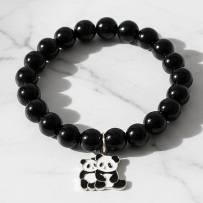 Premium Black Beaded Stretch Bracelet With Cute Panda Charm (1 Pc)
