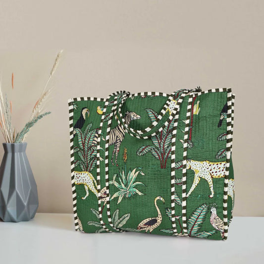 Quilted Safari Cotton Cloth Tote Bag - Green