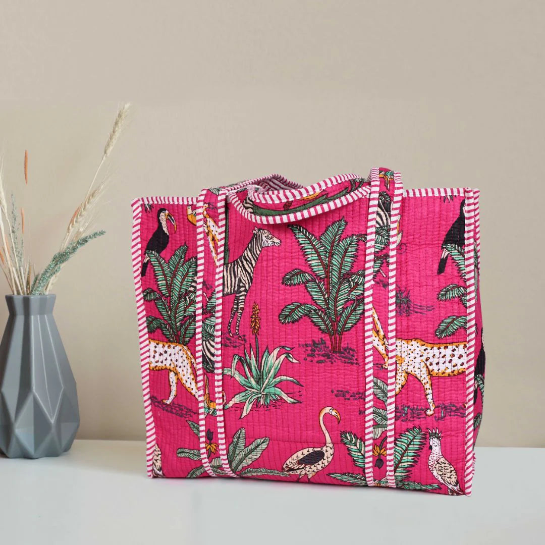 Quilted Safari Cotton Cloth Tote Bag - Bright Pink