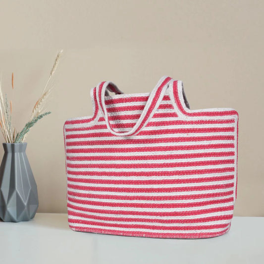 Red and White Striped Knit Jute Tote Bag