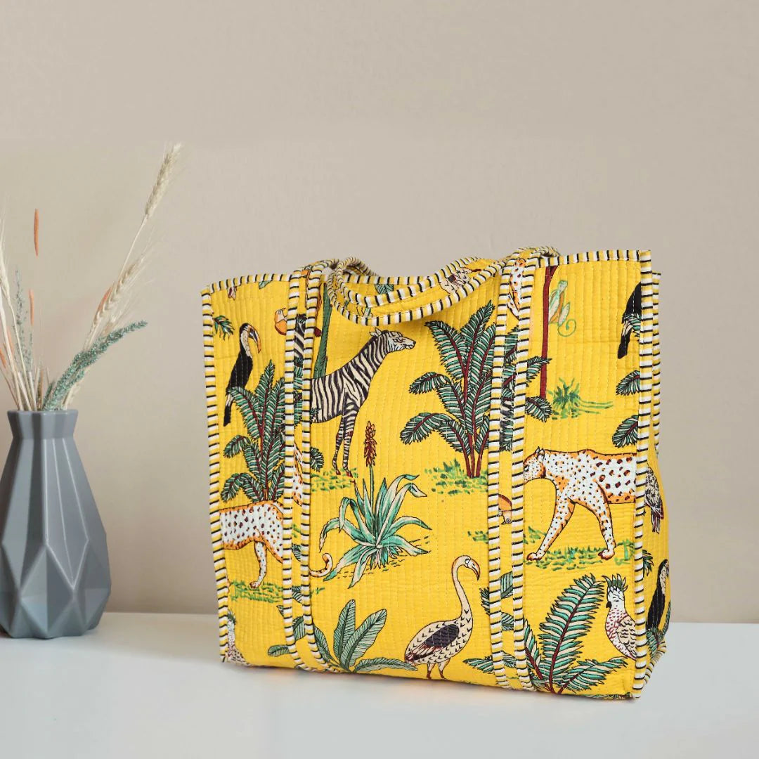 Quilted Safari Cotton Cloth Tote Bag - Bright Yellow