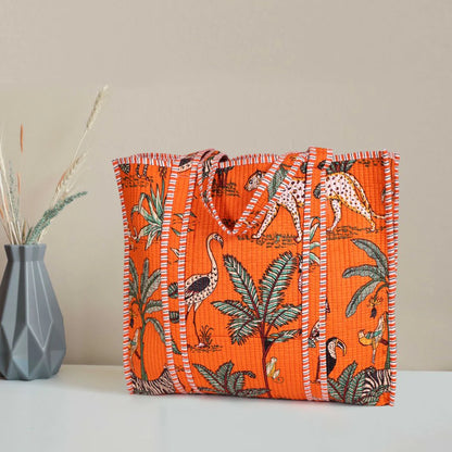 Quilted Safari Cotton Cloth Tote Bag - Bright Orange