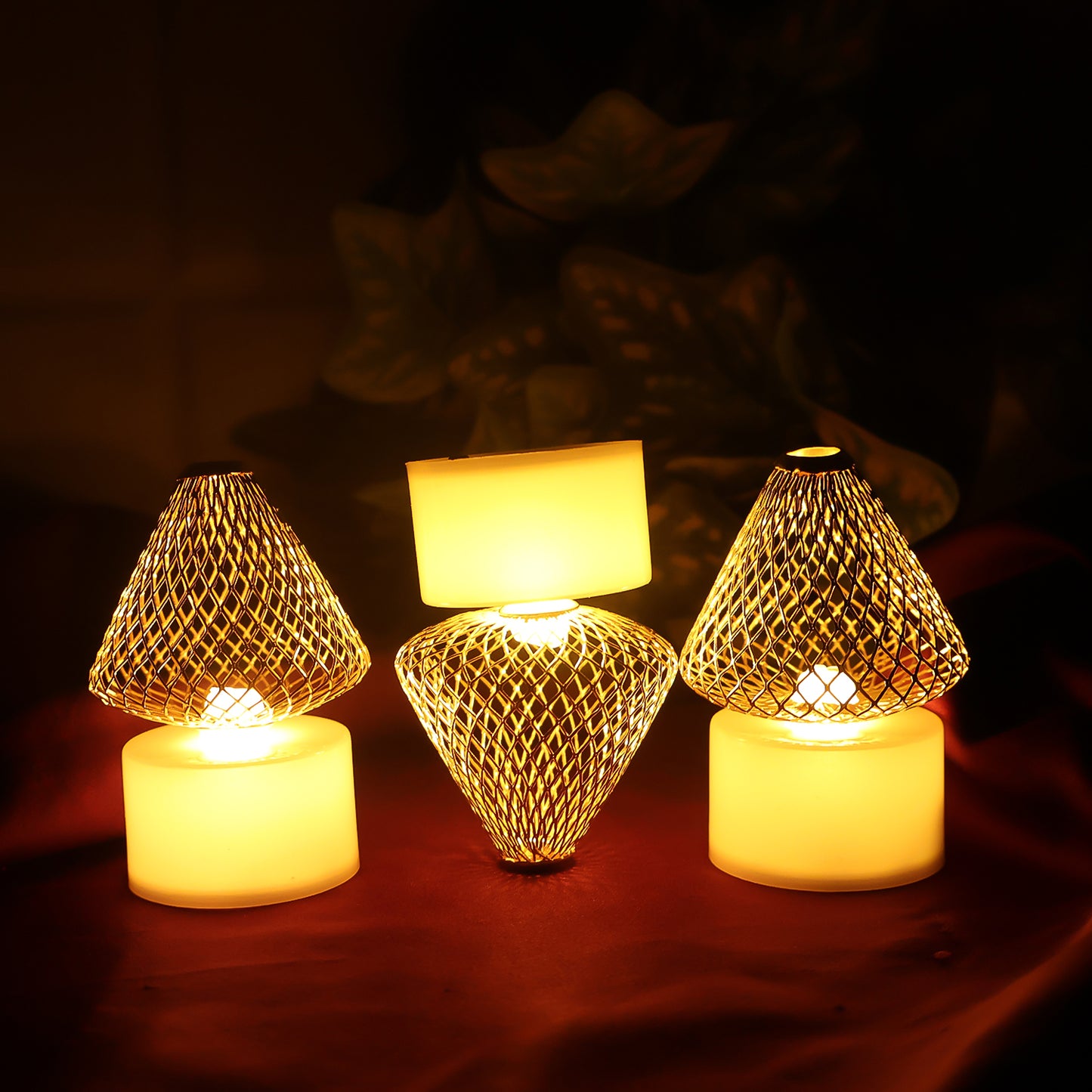 Set Of 12 Decorative Led Flameless Candle Lights With Golden Net Cover