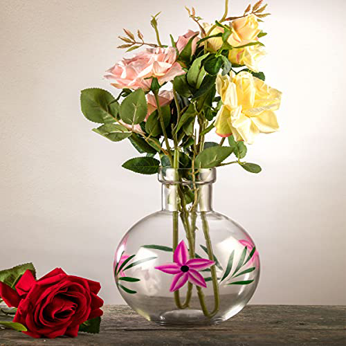 Mithilashri Round Flower Glass Vase 20X16 Cm Elegant Flower Designed Vase For Money Plant, Lucky Bamboo Plant