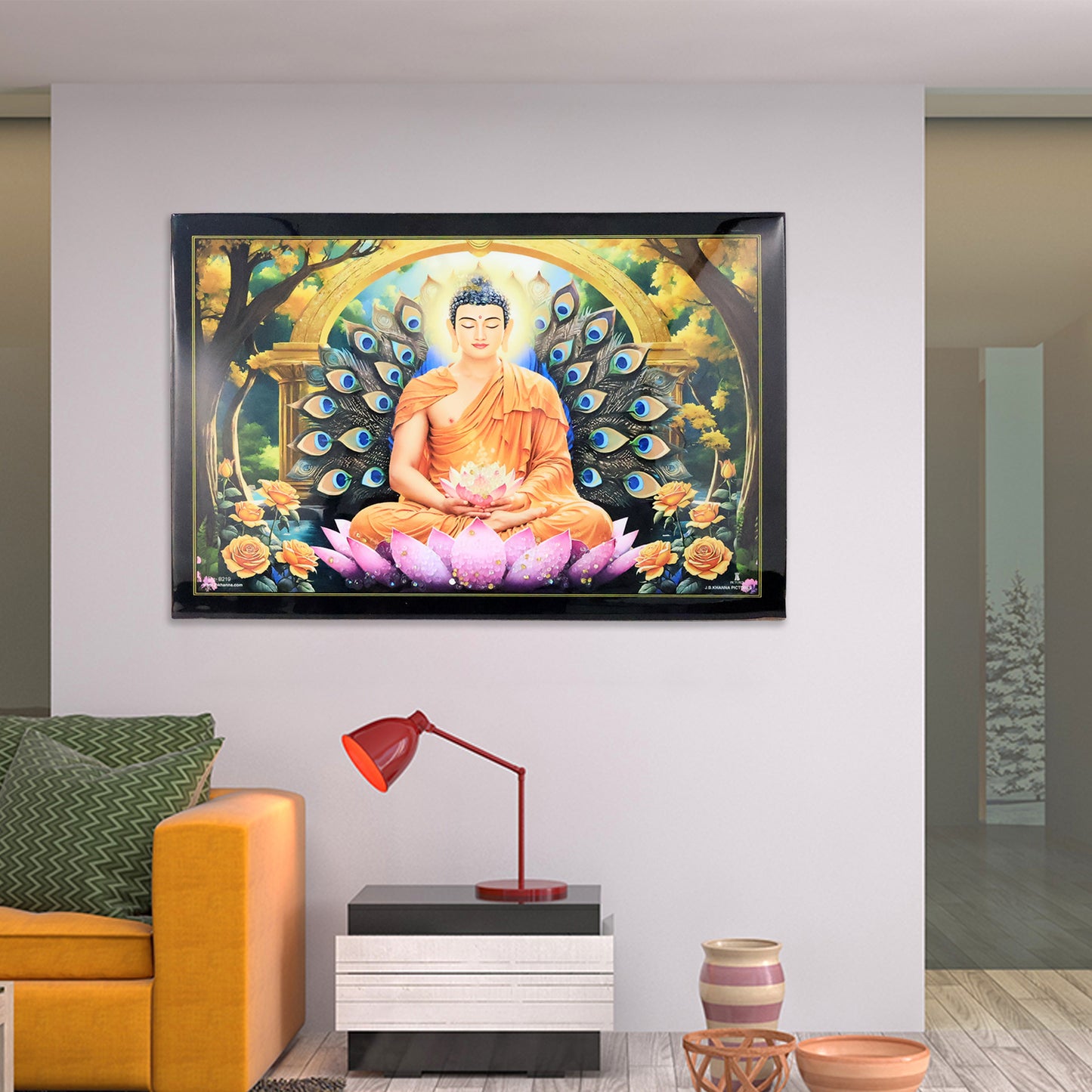 Decorative Lord Buddha Wall Painting With Wooden Frame Mix Design 45x30 Cm Approx (1 Pc)