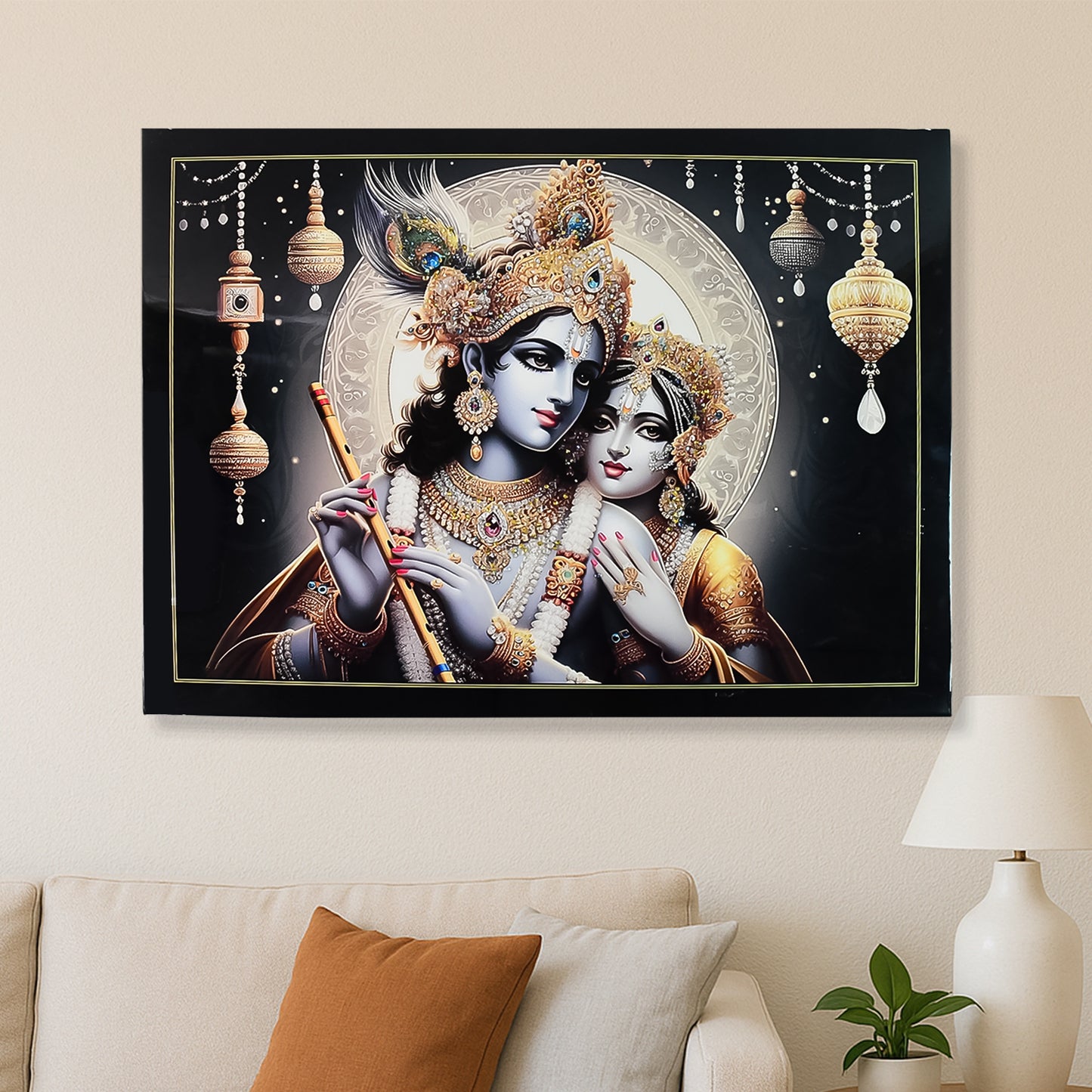Lord Krishna And Radha Wall Painting With Wooden Frame 60x45 Cm Approx (1 Pc  Mix Design)