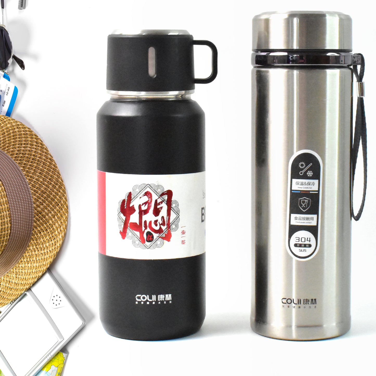 13041 Stainless Steel Vacuum Insulated Water Bottle  Cup  Leak Proof Flask For Tea Coffee  Reusable Water Bottle With Hanging Strap  Bottle For Hot  Cold Drinks Wide Mouth Water Flask (900 Ml  Mix Color)